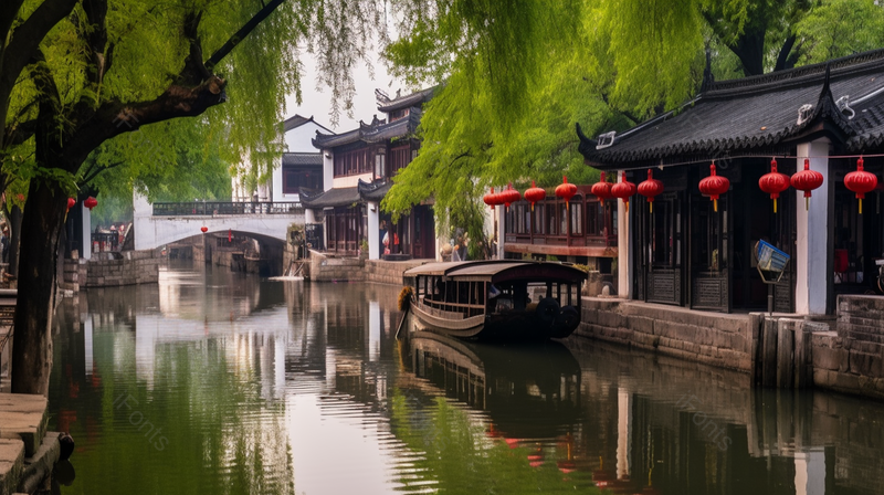 古色古香江南水乡西塘柳树船只背景,高清,摄影图,摄影图片,图片大全,摄影图免费下载